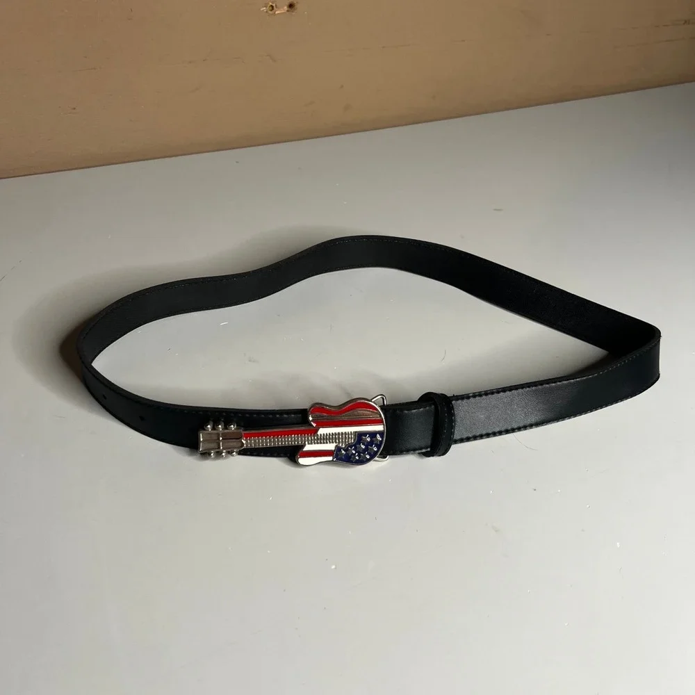 Black Belt with American Flag Guitar Buckle Patriotic Music Rocker Accessory